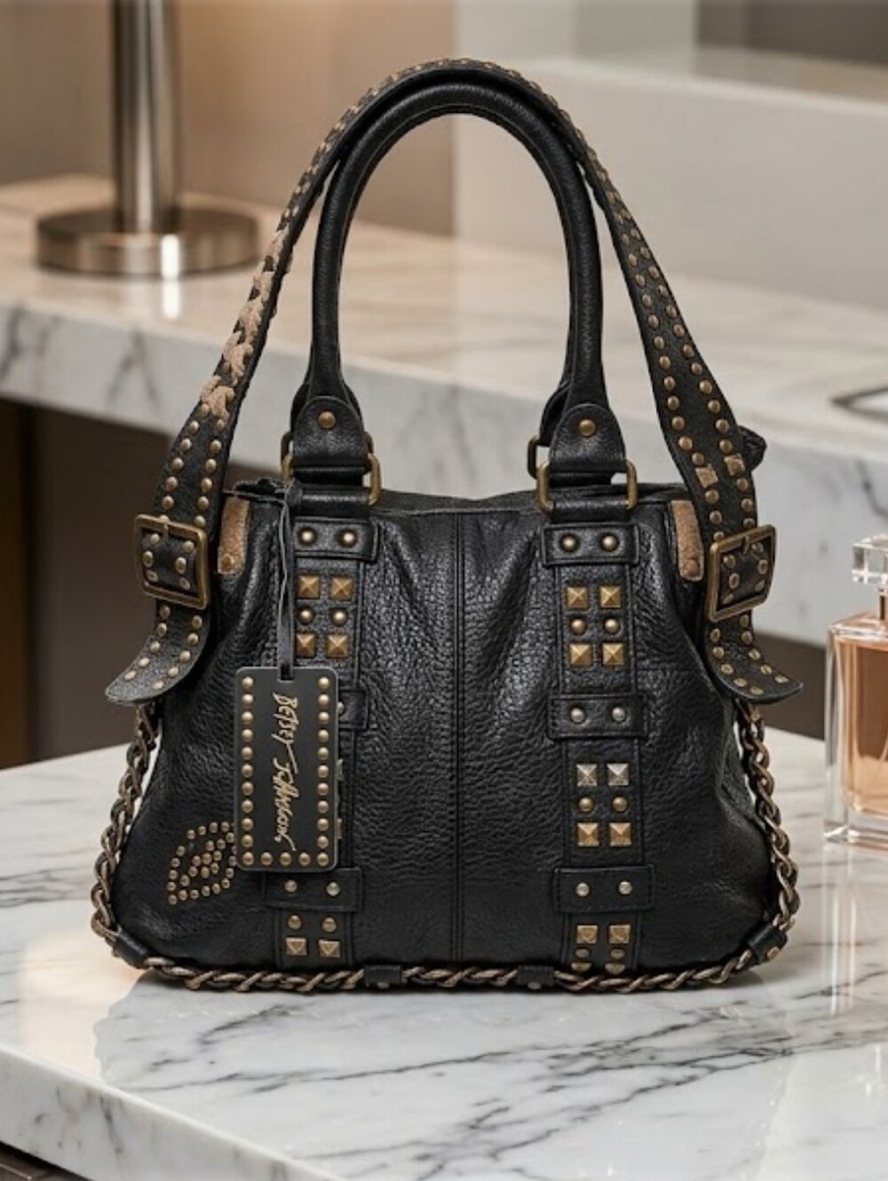 Betsey Johnson Black Studded Heavy Leather Tote Bag